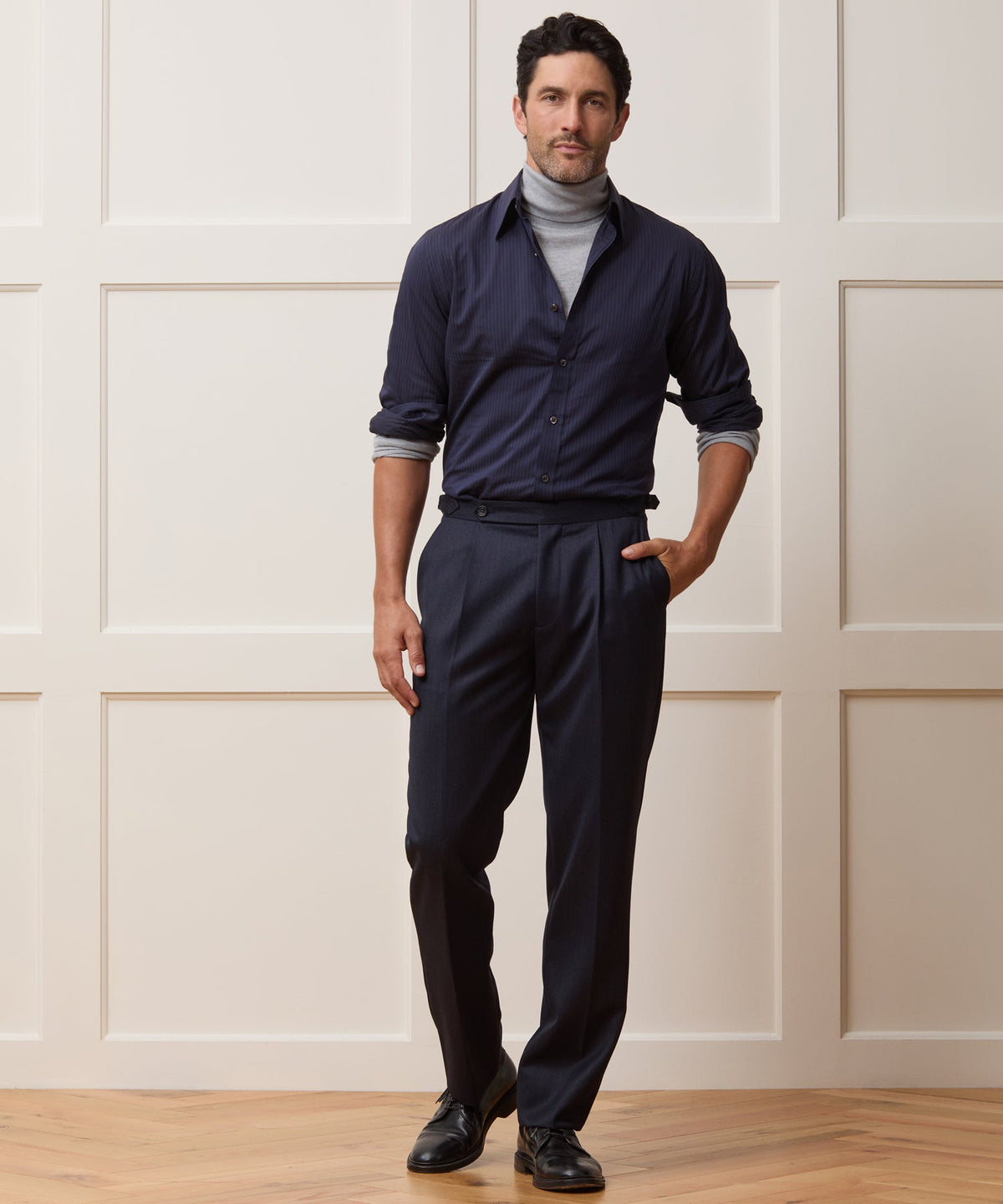 Lightweight Flannel Long Point Collar Dress Shirt - Navy