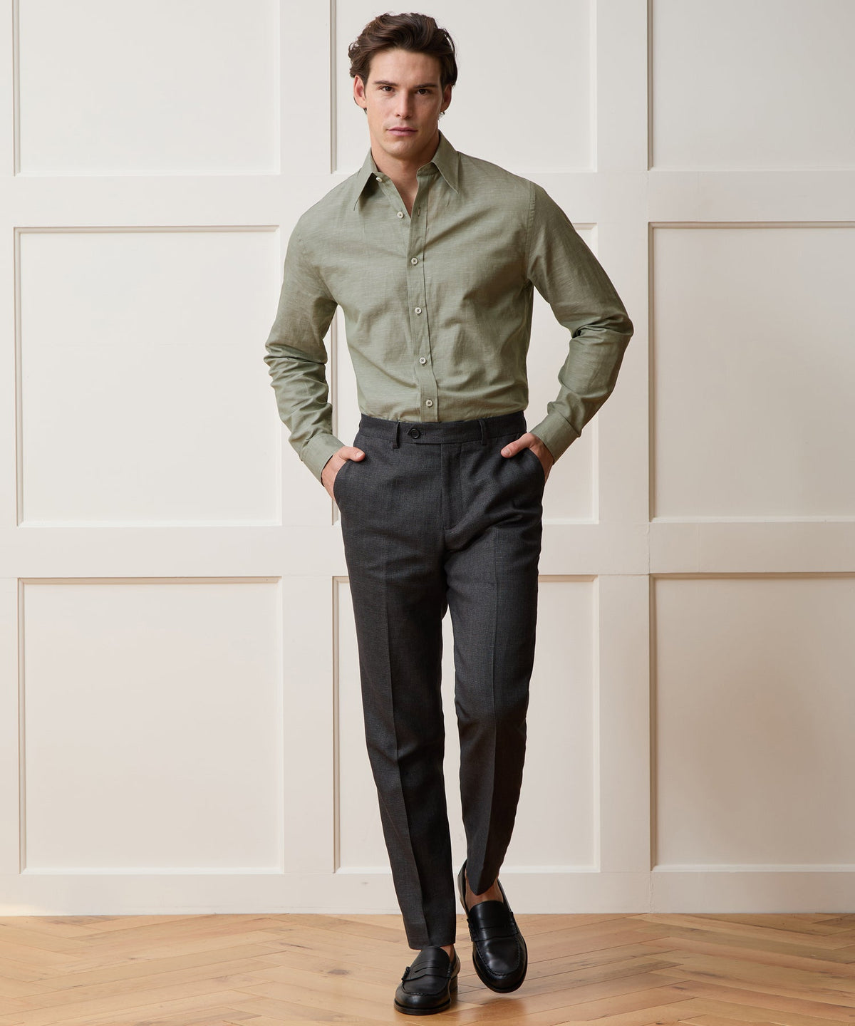Italian Cotton-Linen Long Point Collar Dress Shirt - Olive