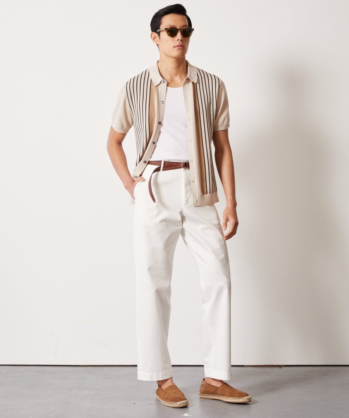 Silk-Cotton Striped Full-Placket Sweater Polo - Bisque