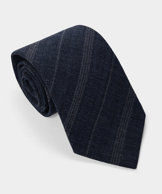 Italian Wool-Linen Stripe Tie - Navy