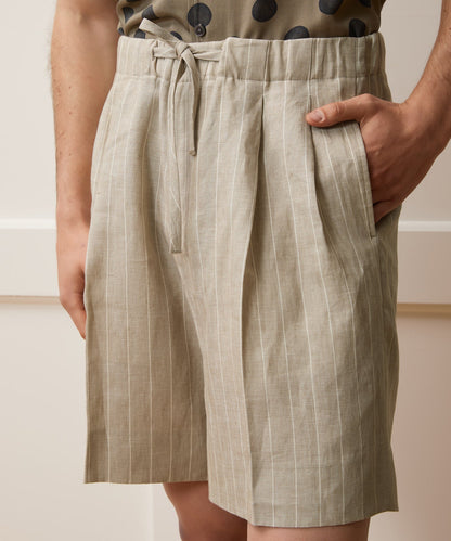 Italian Linen Pinstripe Leisure Short - Beige