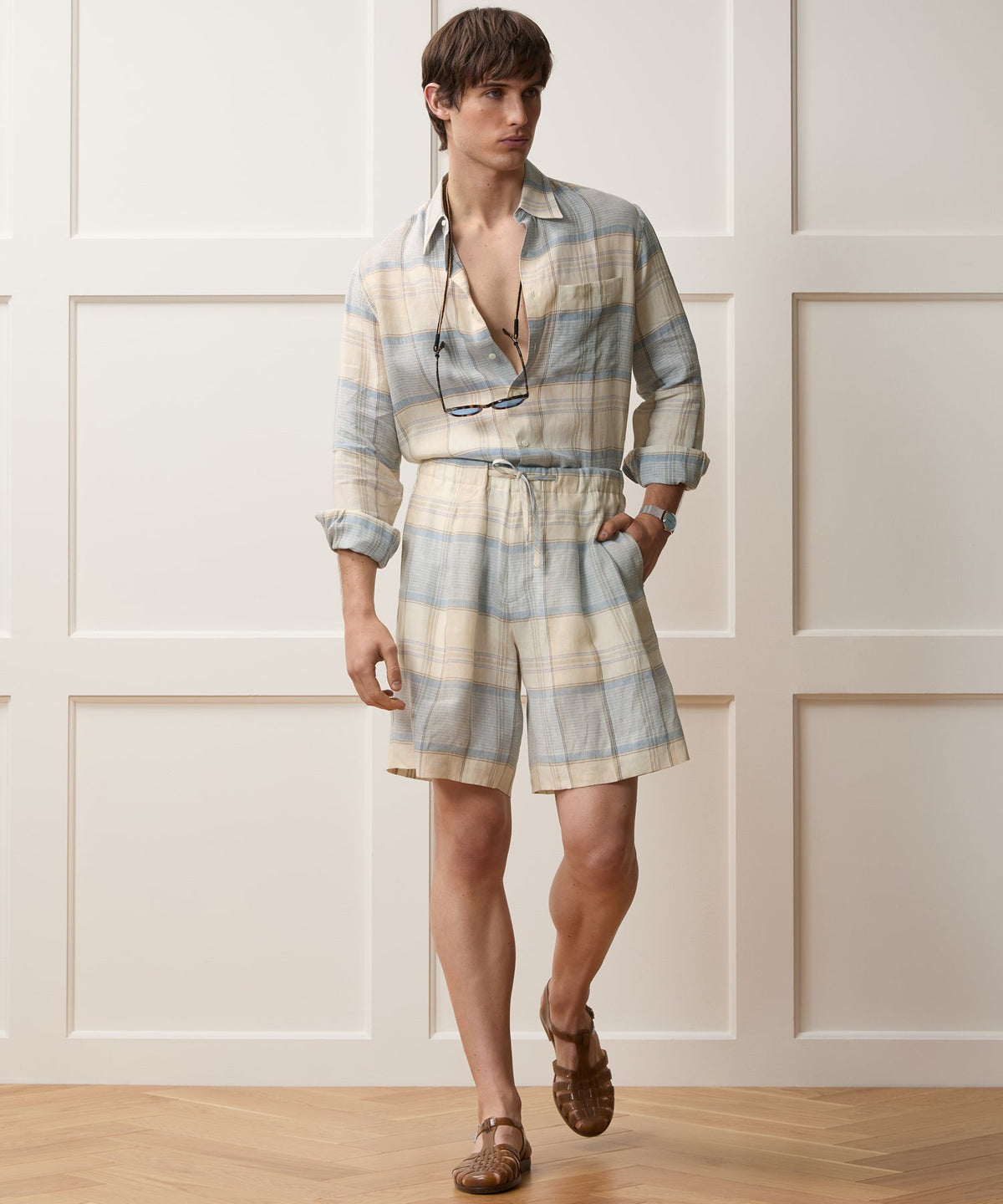 Italian Linen Plaid Leisure Short - Cream