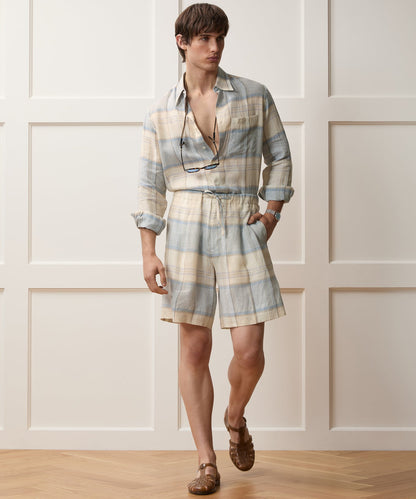 Italian Linen Plaid Leisure Short - Cream