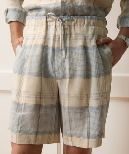 Italian Linen Plaid Leisure Short - Cream