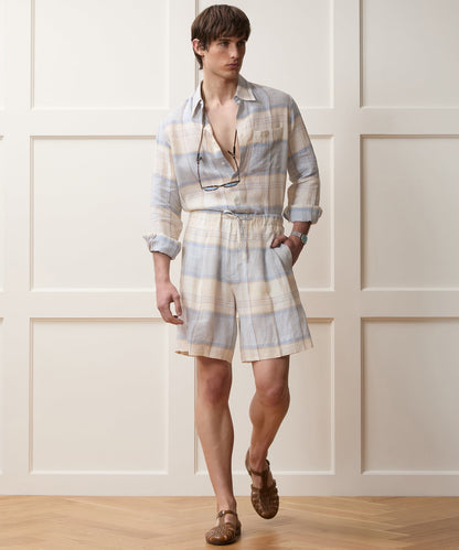 Italian Linen Plaid Big Shirt - Cream