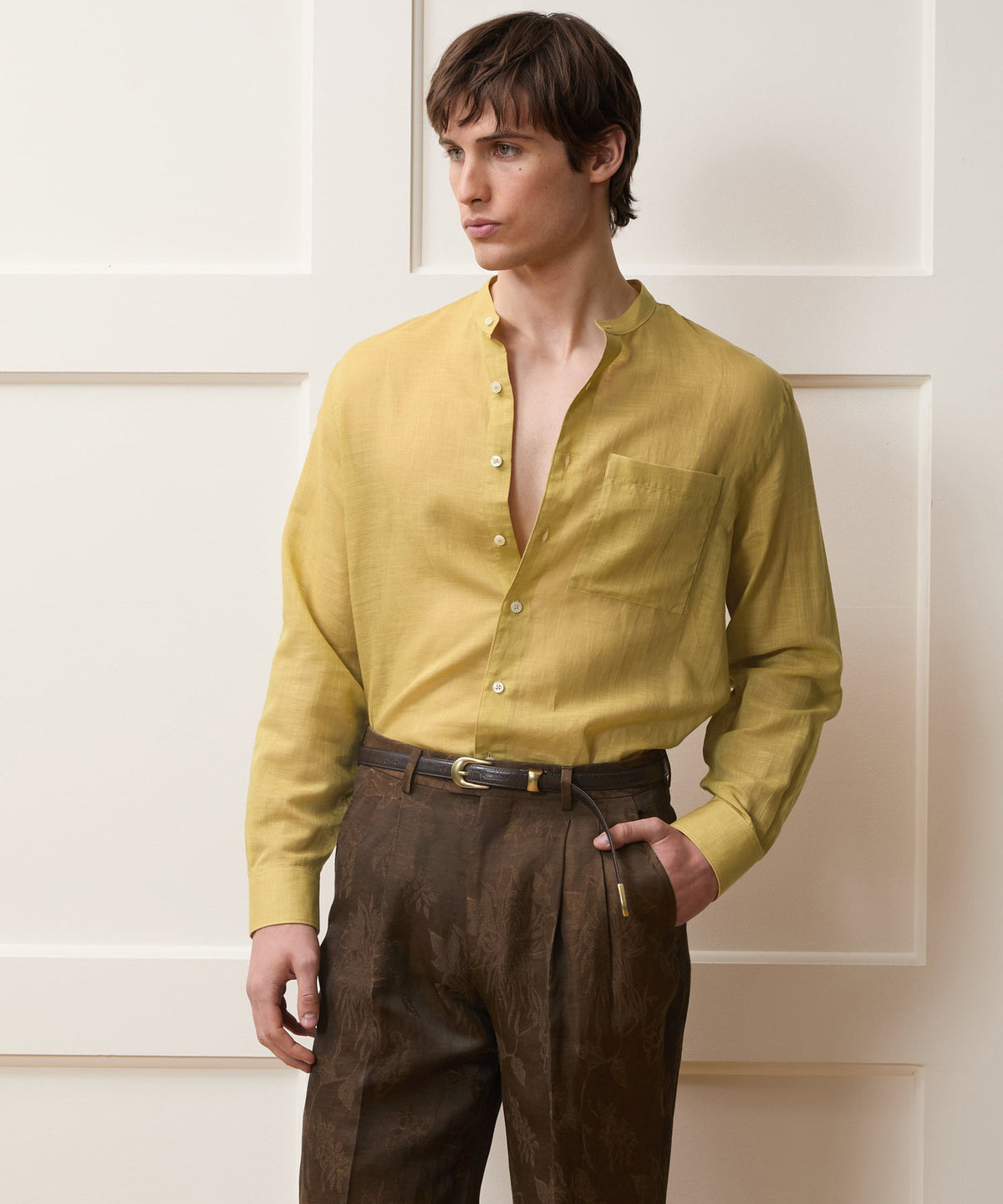 Voile Band Collar Big Shirt - Golden Straw
