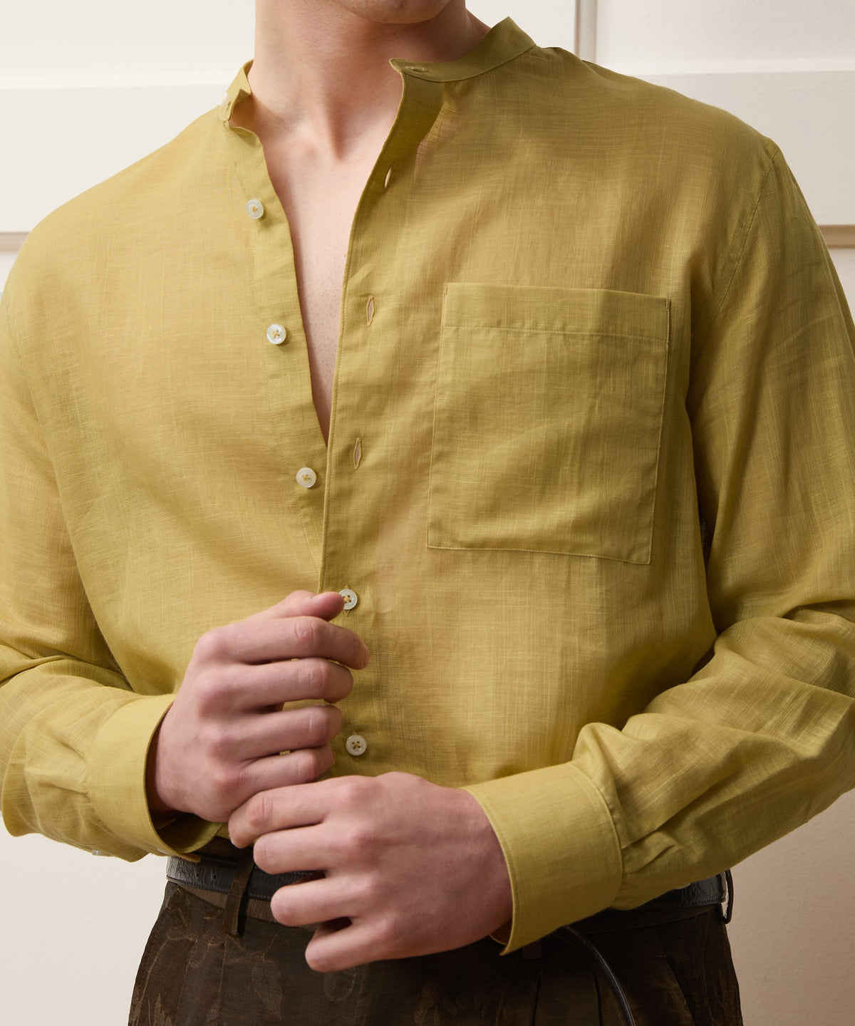 Voile Band Collar Big Shirt - Golden Straw