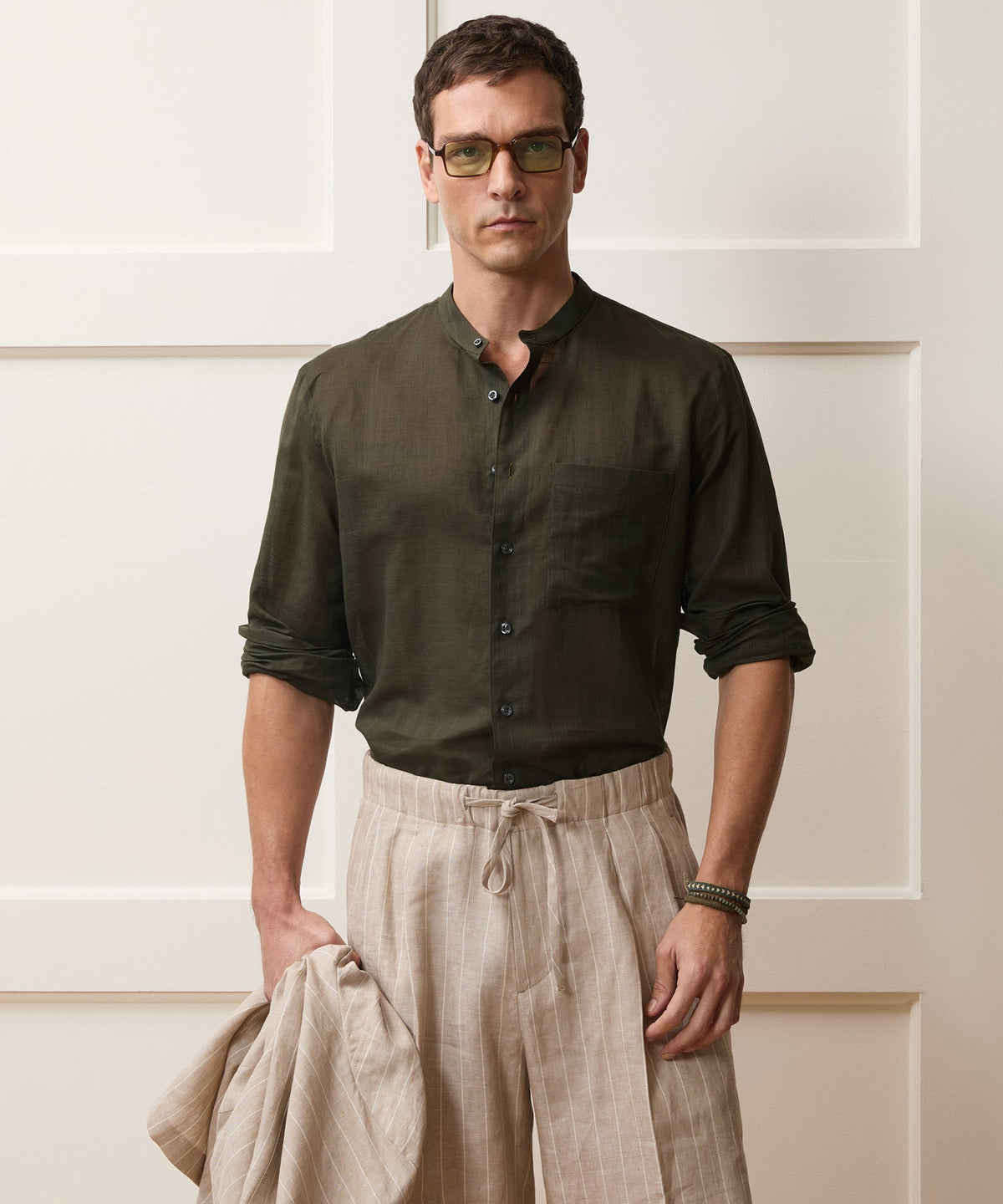 Voile Band Collar Big Shirt - Olive