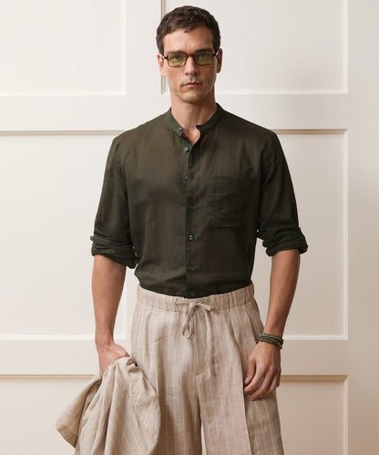 Voile Band Collar Big Shirt - Olive