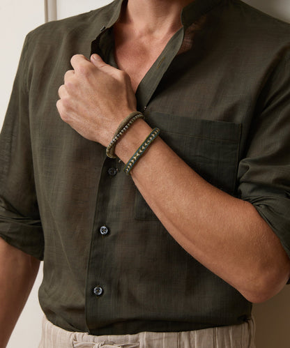 Voile Band Collar Big Shirt - Olive