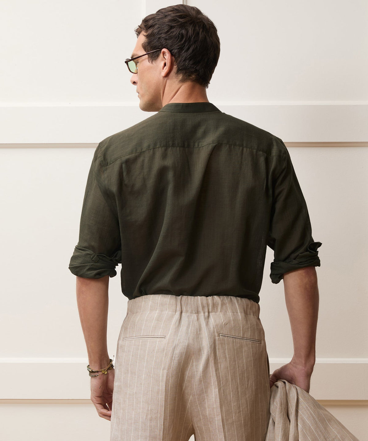 Voile Band Collar Big Shirt - Olive