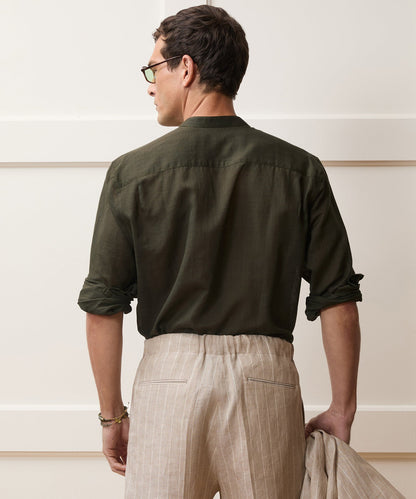 Voile Band Collar Big Shirt - Olive