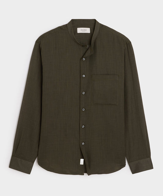 Voile Band Collar Big Shirt - Olive