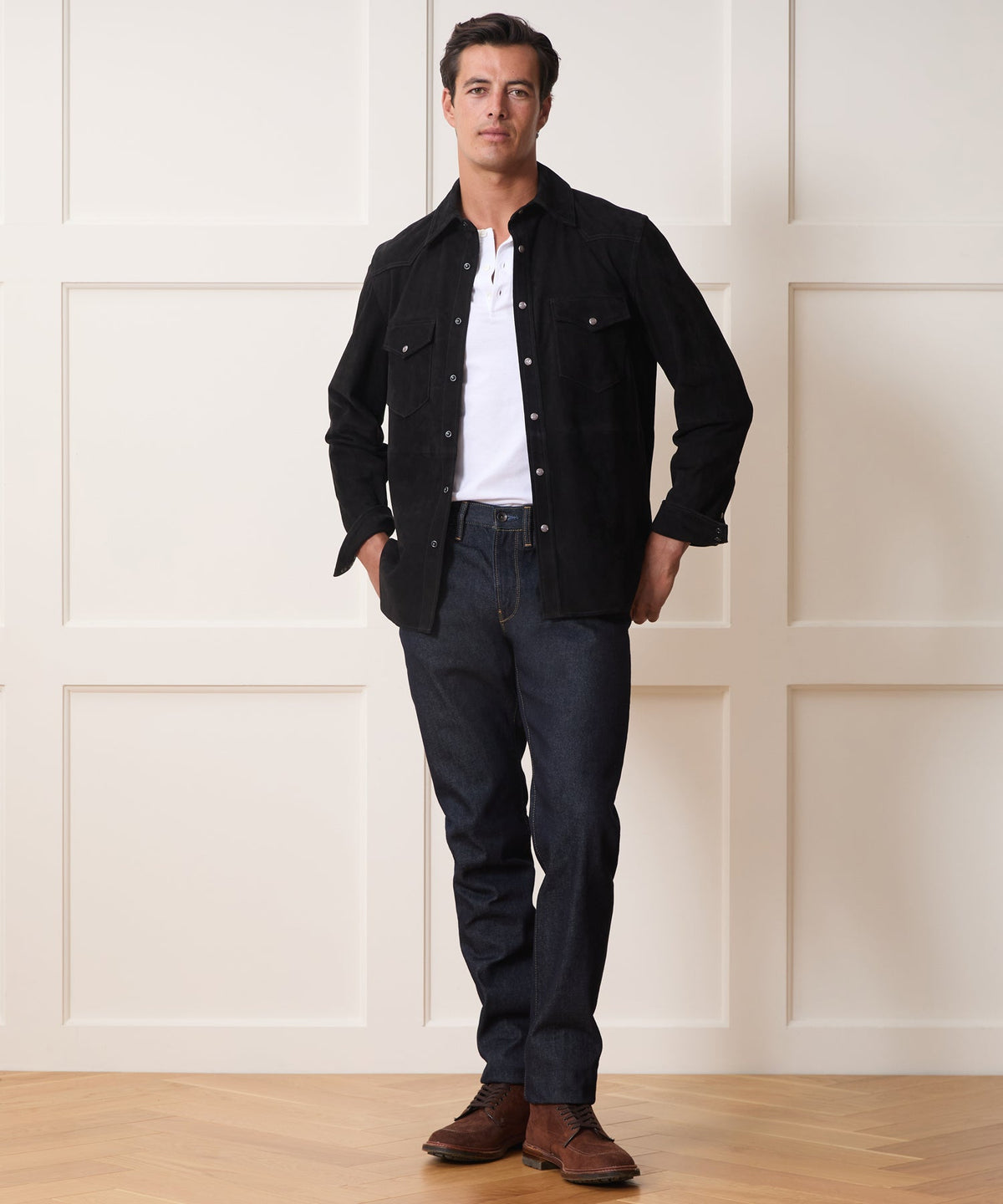 Italian Suede Western Shirt Jacket - Black