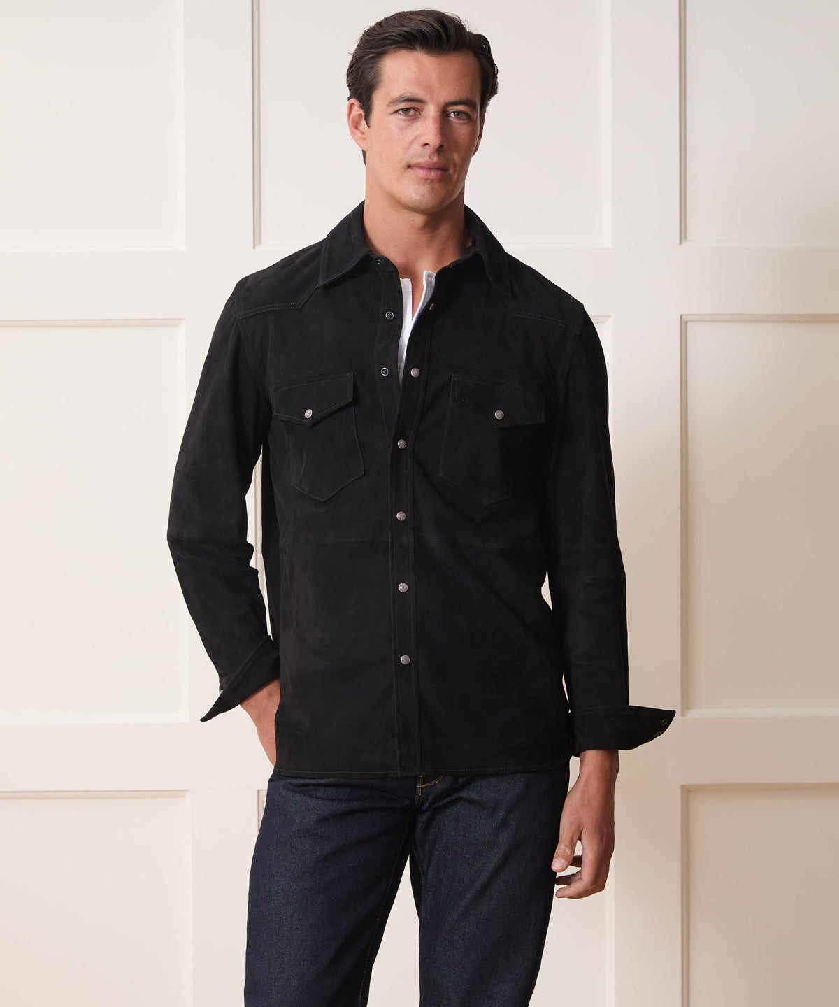 Italian Suede Western Shirt Jacket - Black