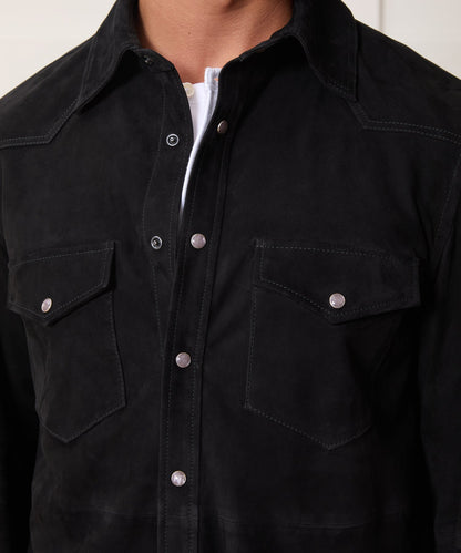 Italian Suede Western Shirt Jacket - Black