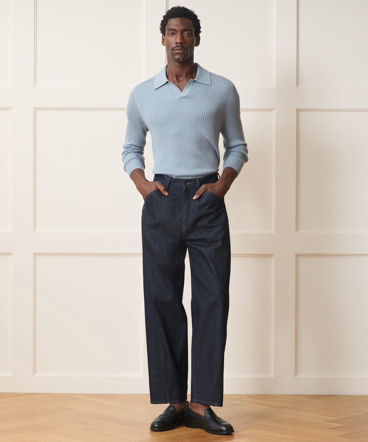 Silk-Cashmere Ribbed Montauk Sweater Polo - Dusty Blue