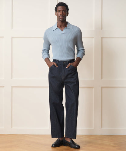Silk-Cashmere Ribbed Montauk Sweater Polo - Dusty Blue
