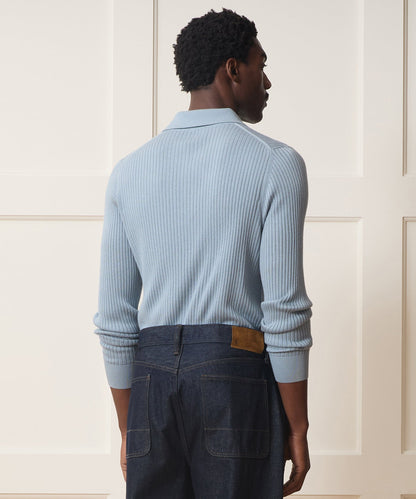 Silk-Cashmere Ribbed Montauk Sweater Polo - Dusty Blue