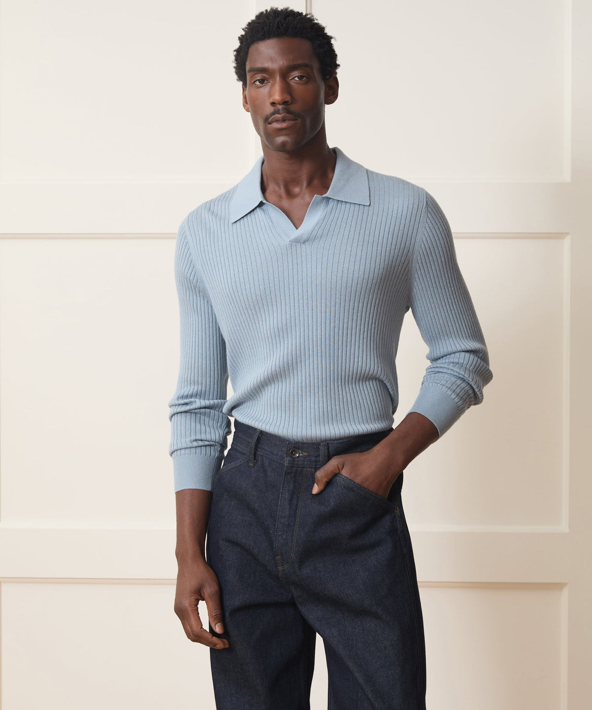 Silk-Cashmere Ribbed Montauk Sweater Polo - Dusty Blue