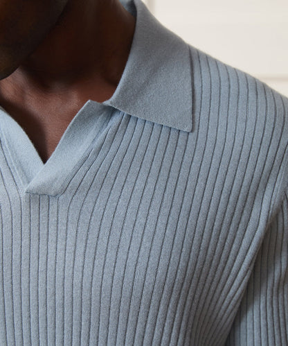 Silk-Cashmere Ribbed Montauk Sweater Polo - Dusty Blue