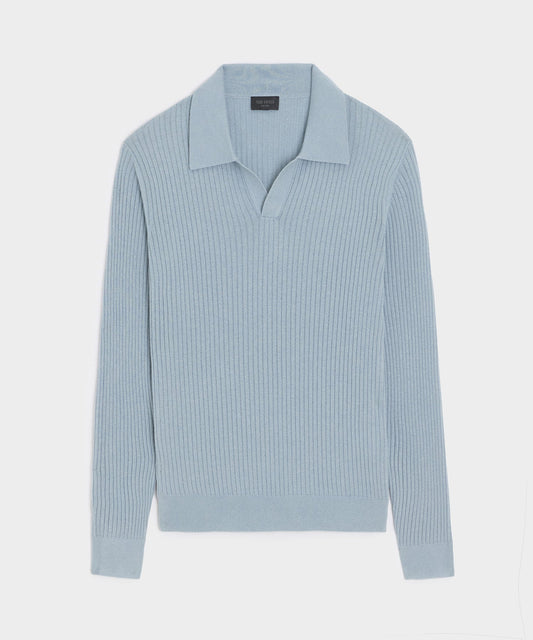 Silk-Cashmere Ribbed Montauk Sweater Polo - Dusty Blue