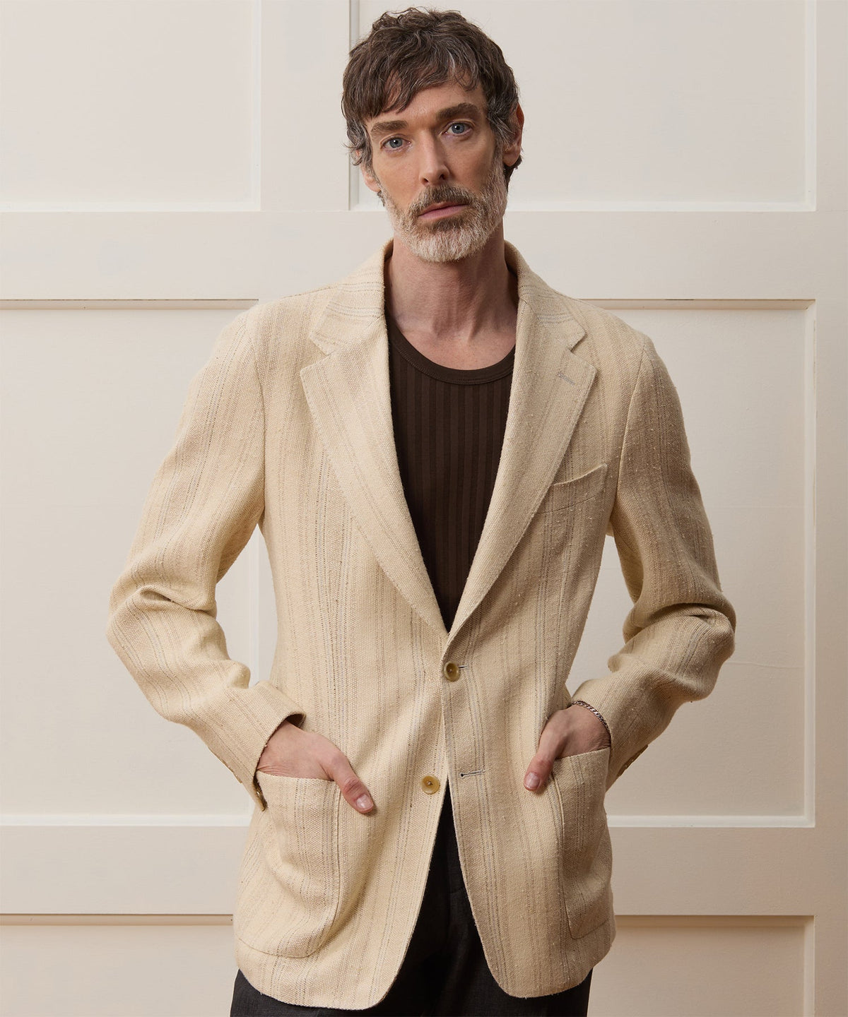 Italian Linen Silk Double Stripe Sport Coat - Beige