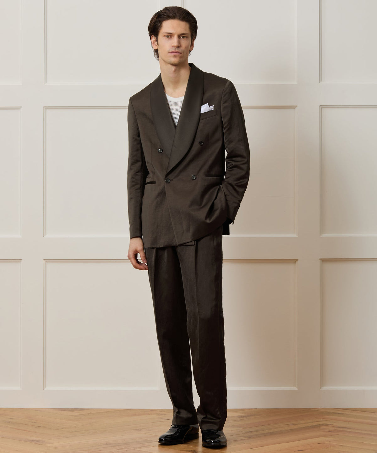 Italian Double-Breasted Shawl Tuxedo Jacket - Brown