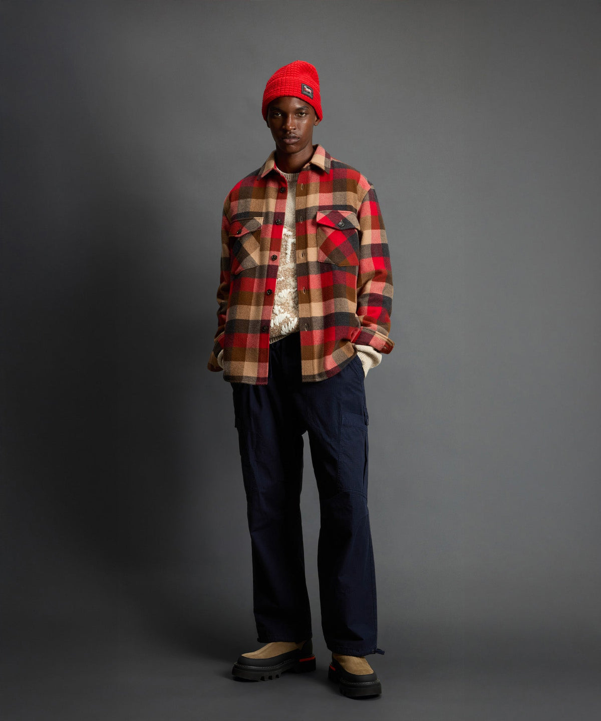 Todd Snyder x Woolrich Cashmere Plaid Overshirt - Red Grey Check