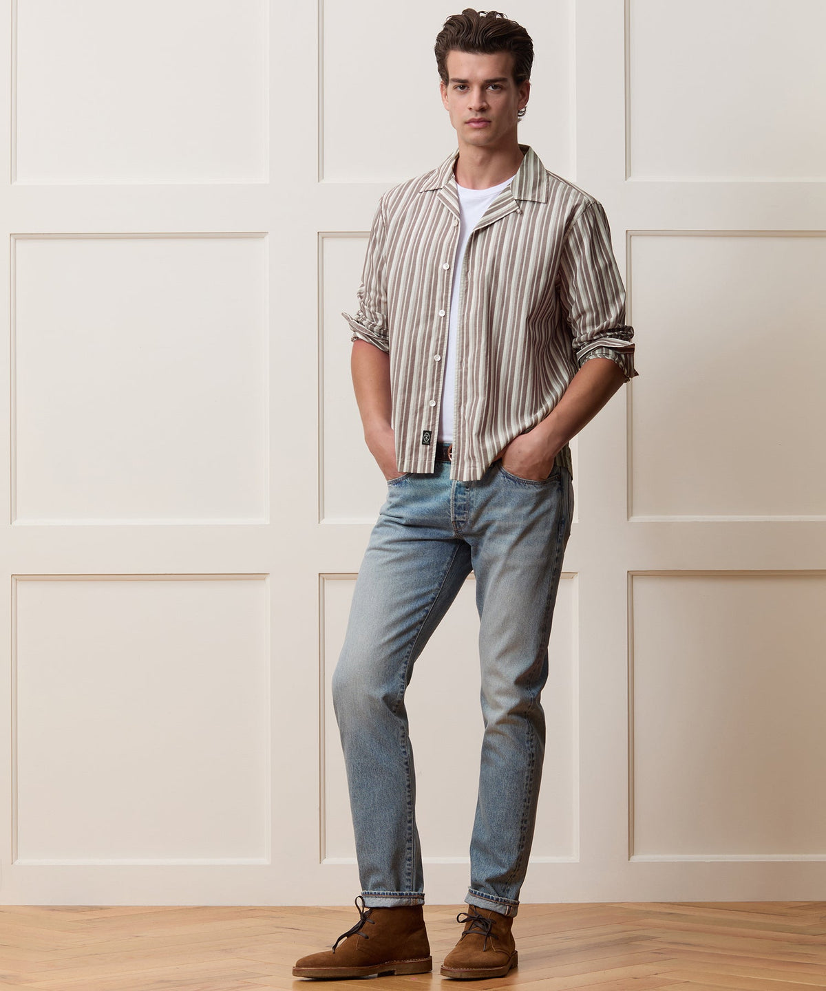 Brushed Poplin Camp Collar Shirt - Brown