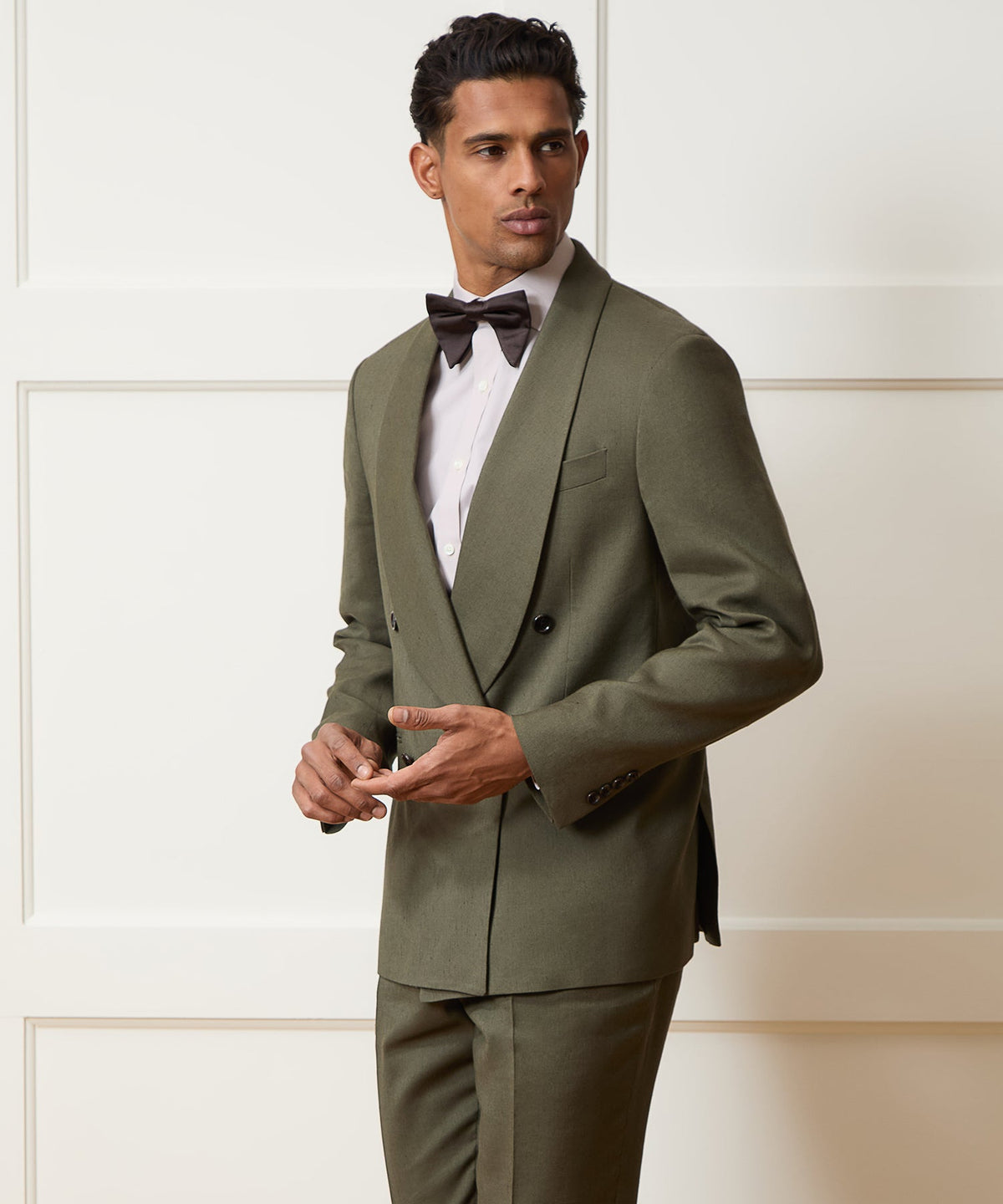 Italian Linen Mohair Double-Breasted Shawl Collar Jacket - Olive