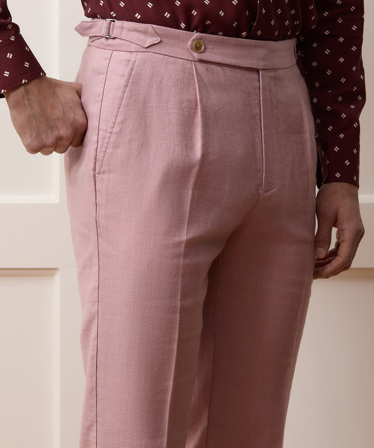Italian Linen Side Tab Trouser - Pink