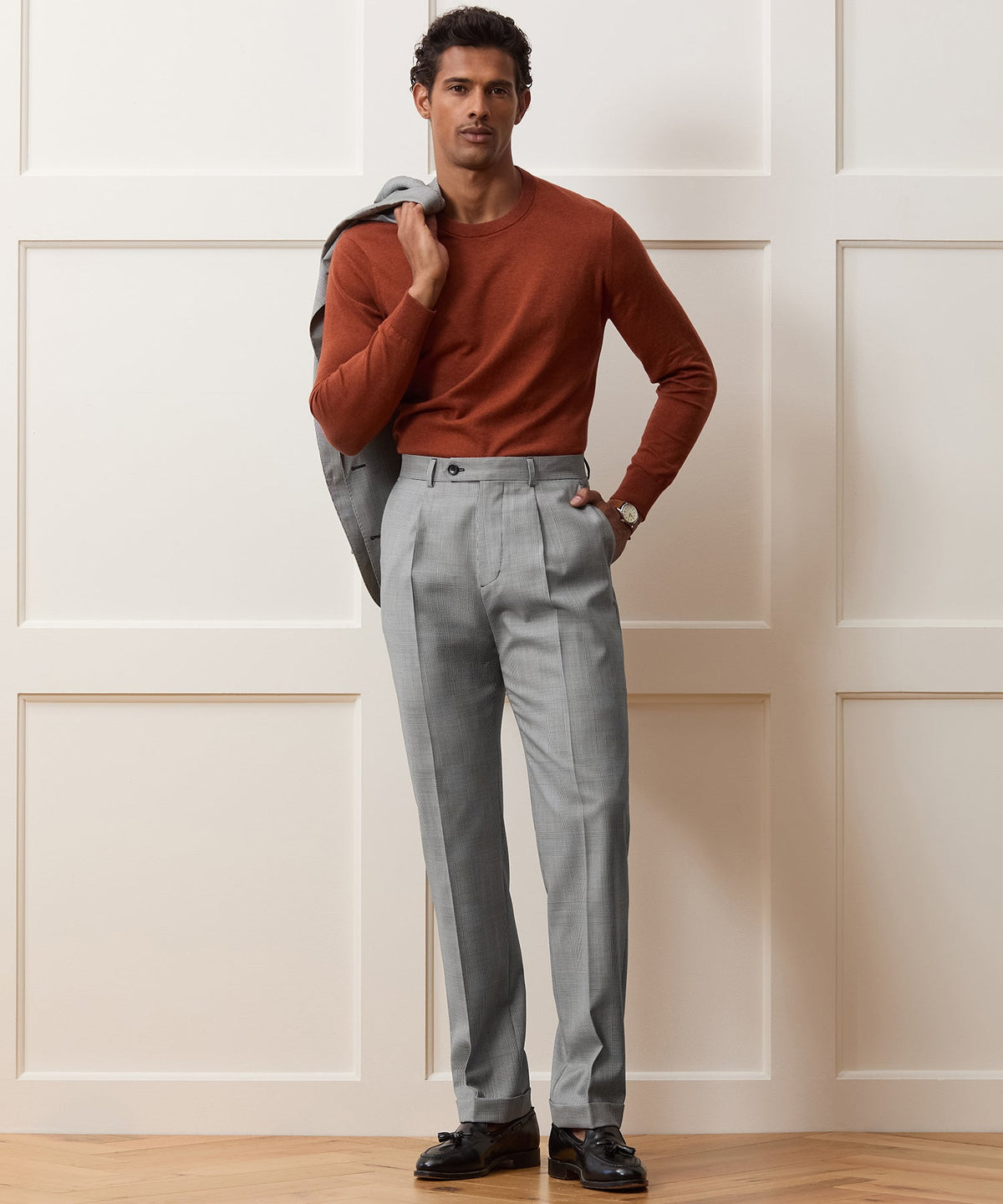 Italian Wool Glen Plaid Madison Trouser - Cream