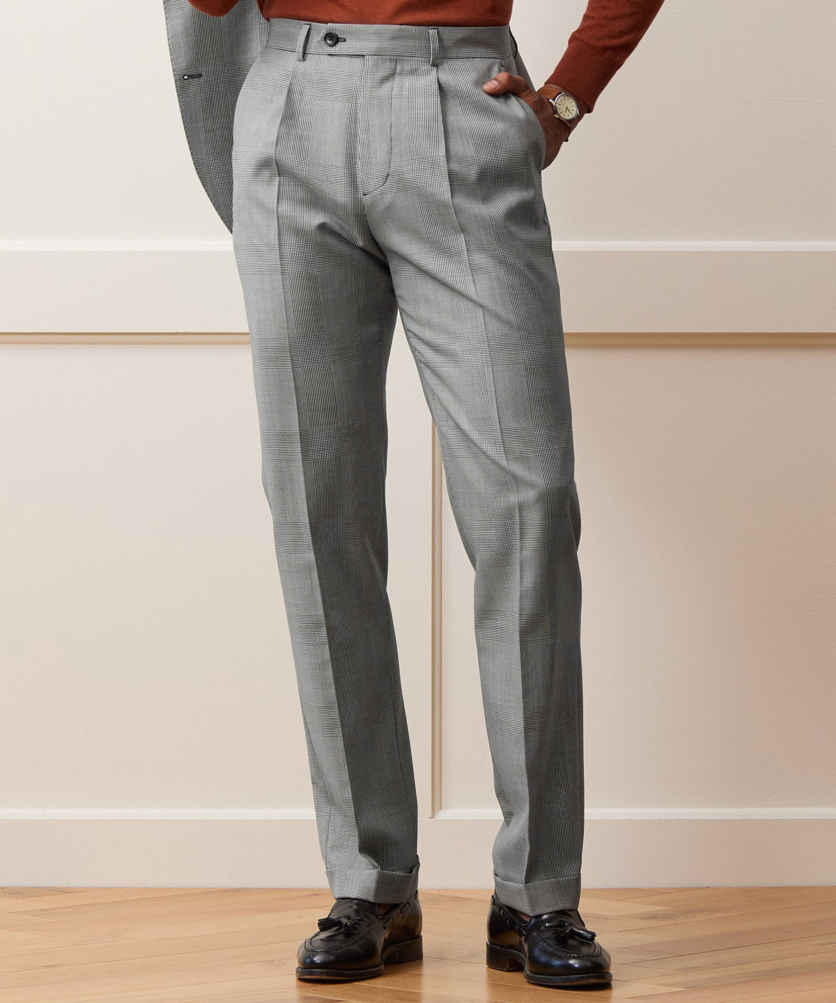 Italian Wool Glen Plaid Madison Trouser - Cream