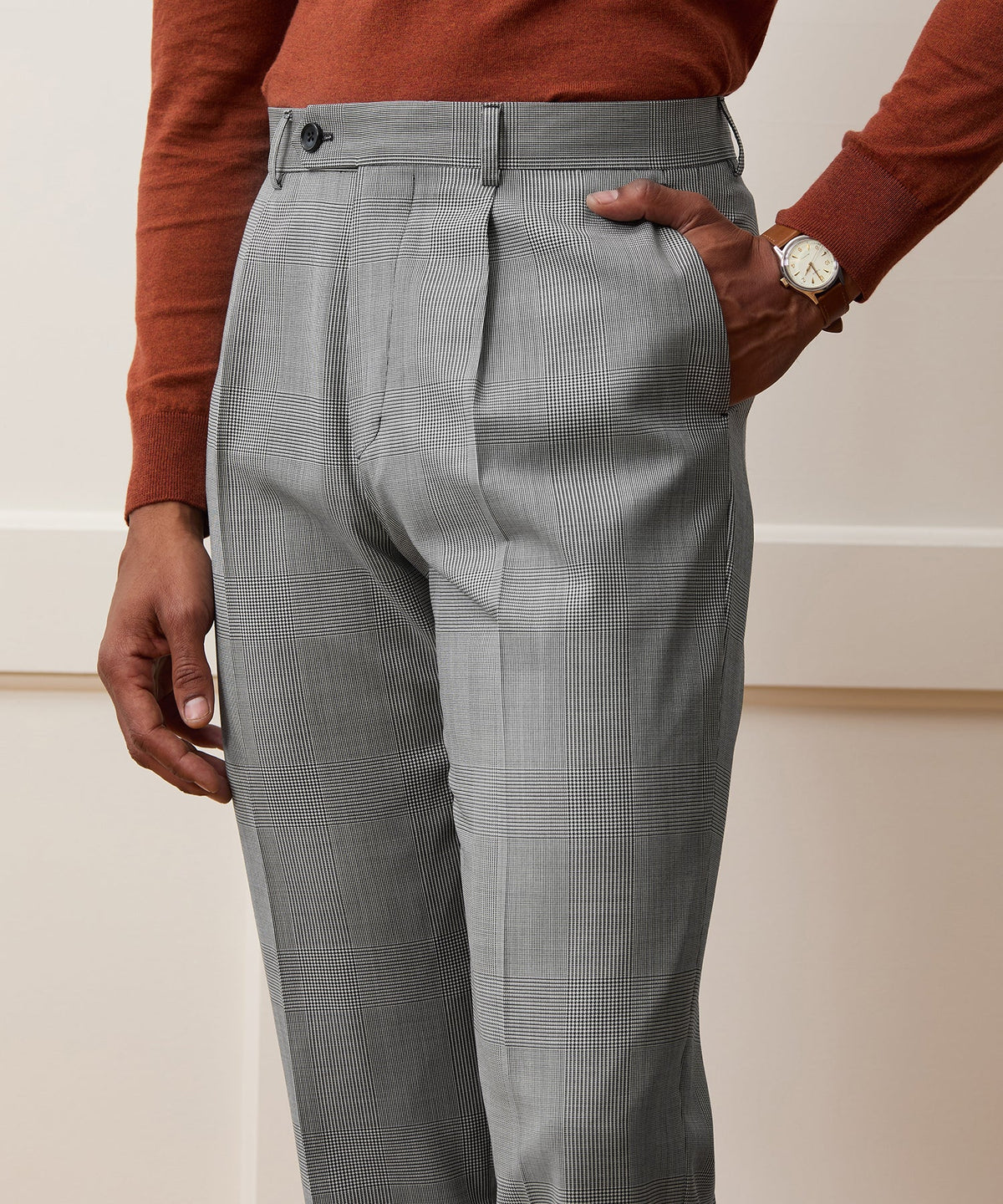 Italian Wool Glen Plaid Madison Trouser - Cream