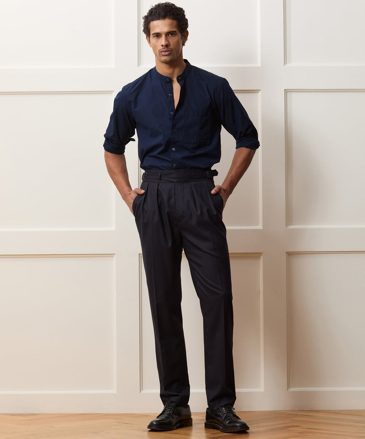 Poplin Band Collar Shirt - Navy