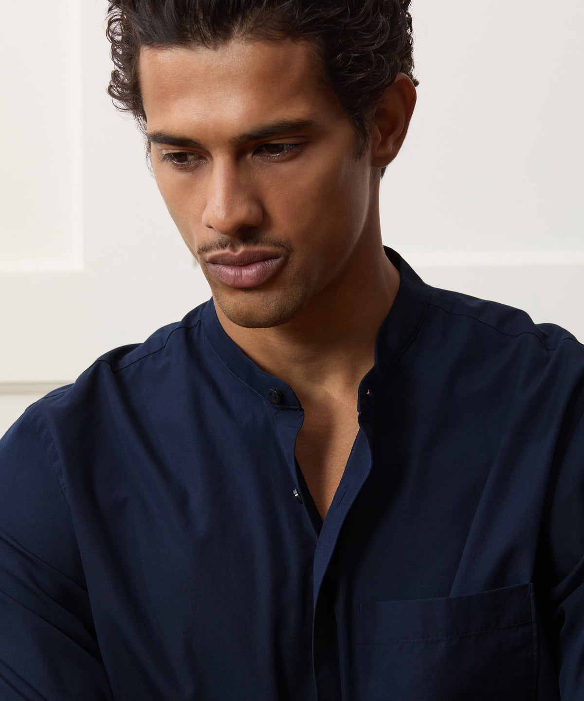 Poplin Band Collar Shirt - Navy