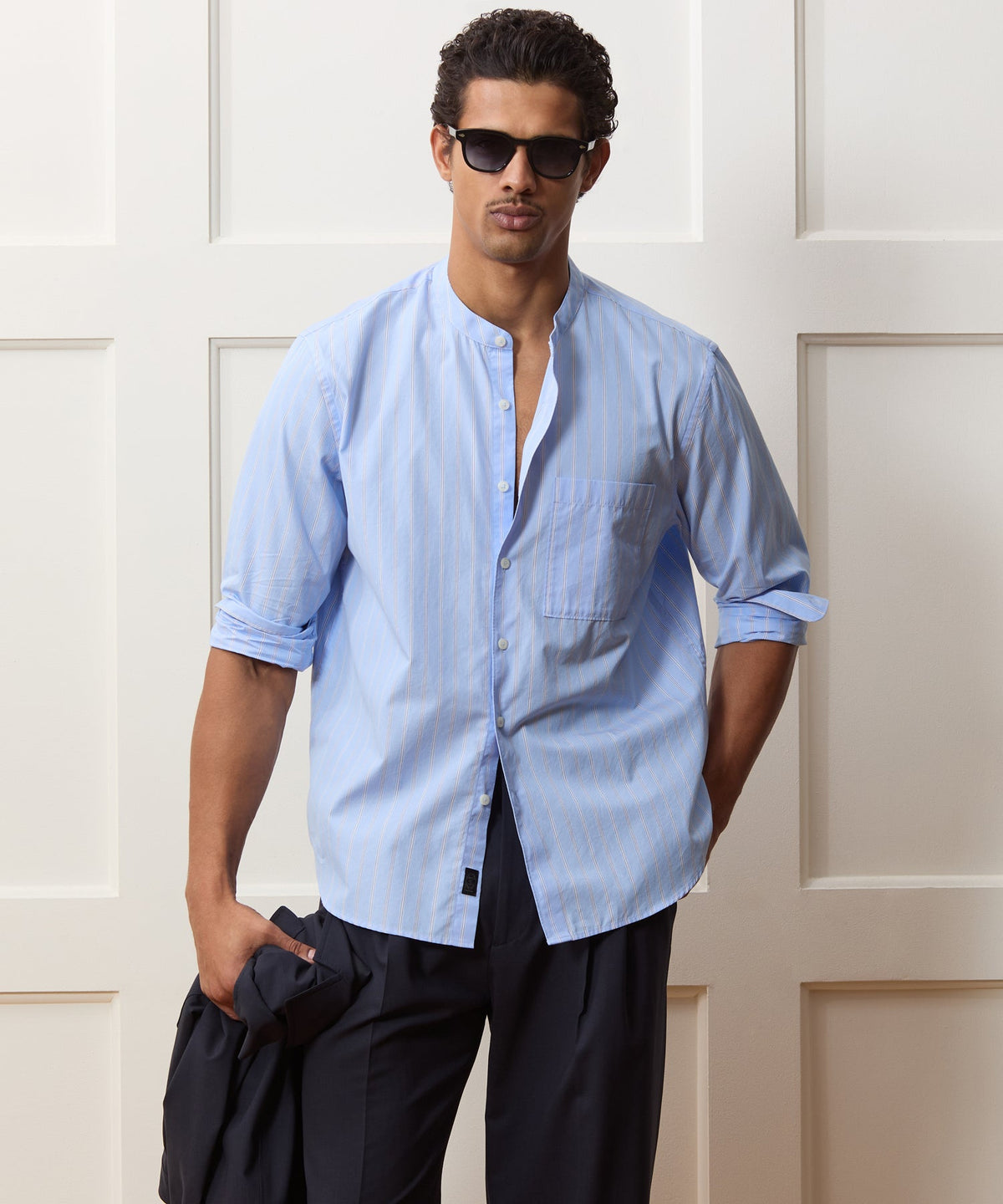 Poplin Band Collar Shirt - Blue