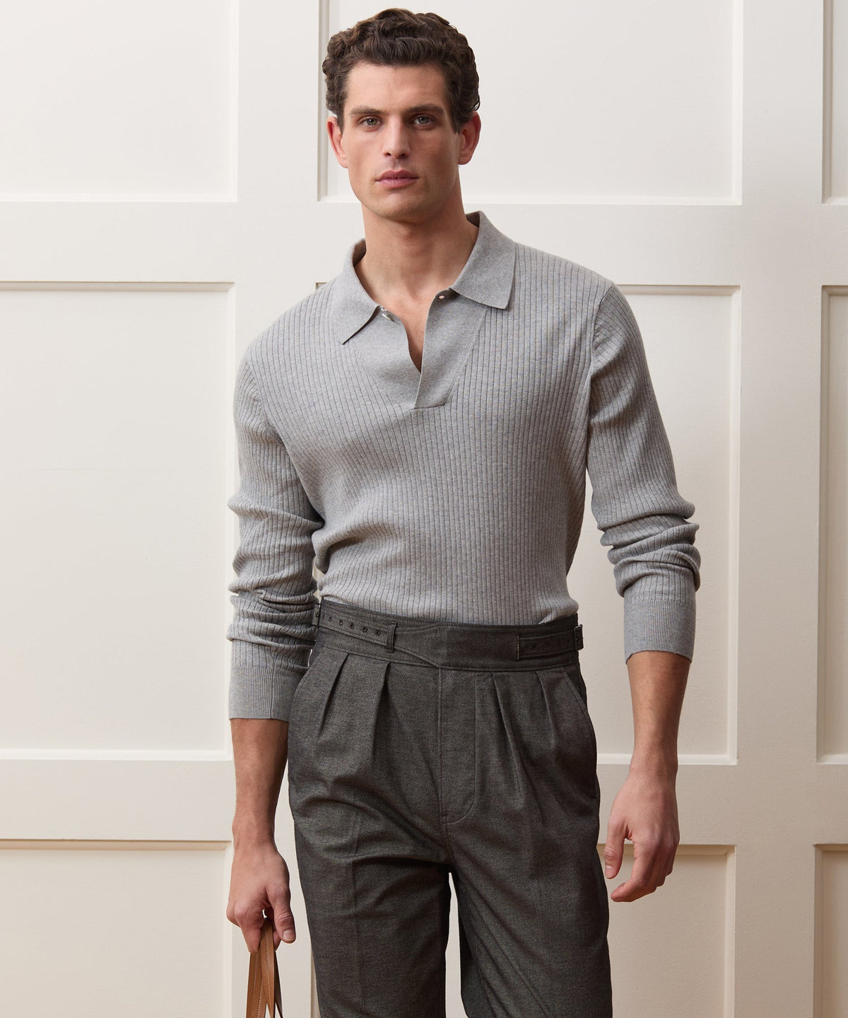 Ribbed Cotton-Cashmere Sweater Polo - Heather Grey