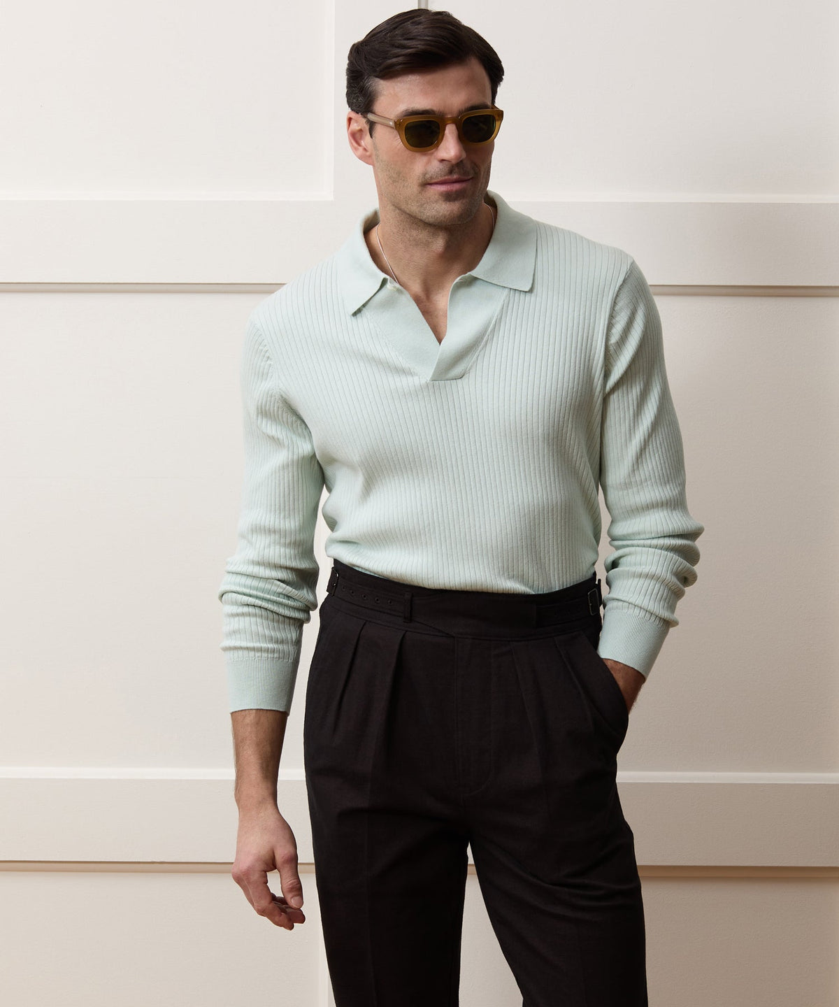 Ribbed Cotton-Cashmere Sweater Polo - Mint