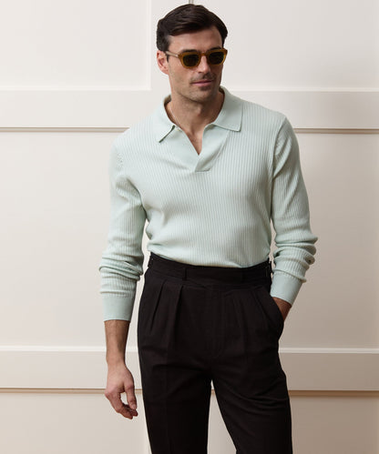 Ribbed Cotton-Cashmere Sweater Polo - Mint