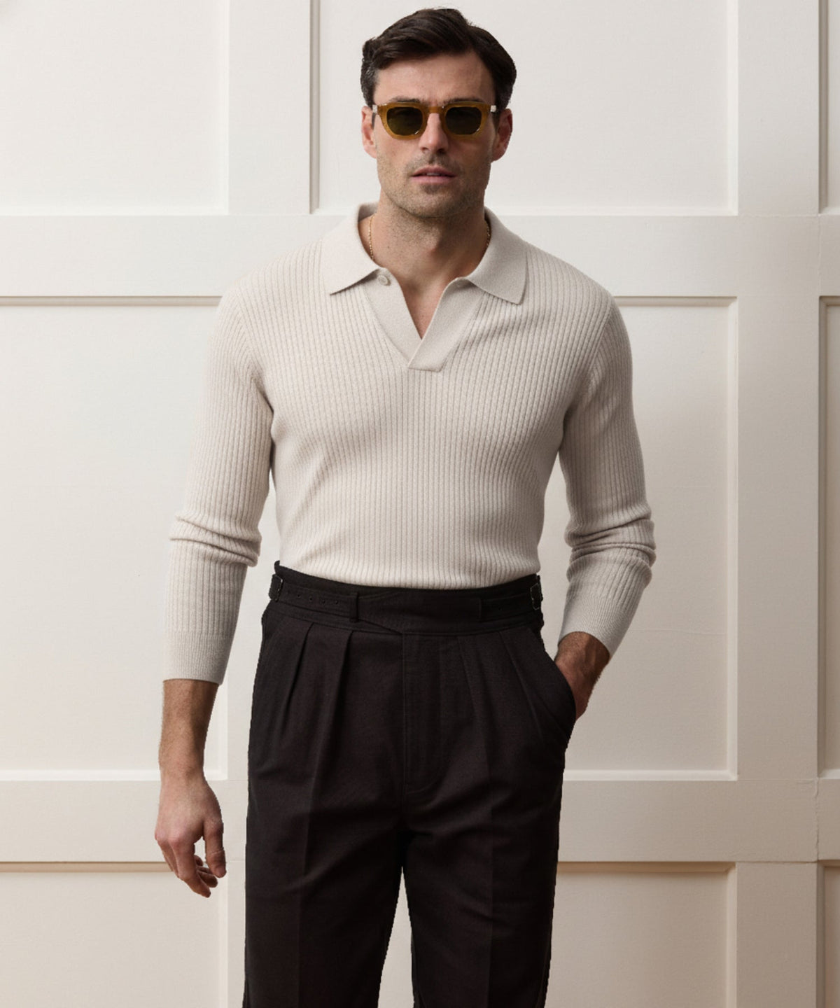 Ribbed Cotton-Cashmere Sweater Polo - Bisque