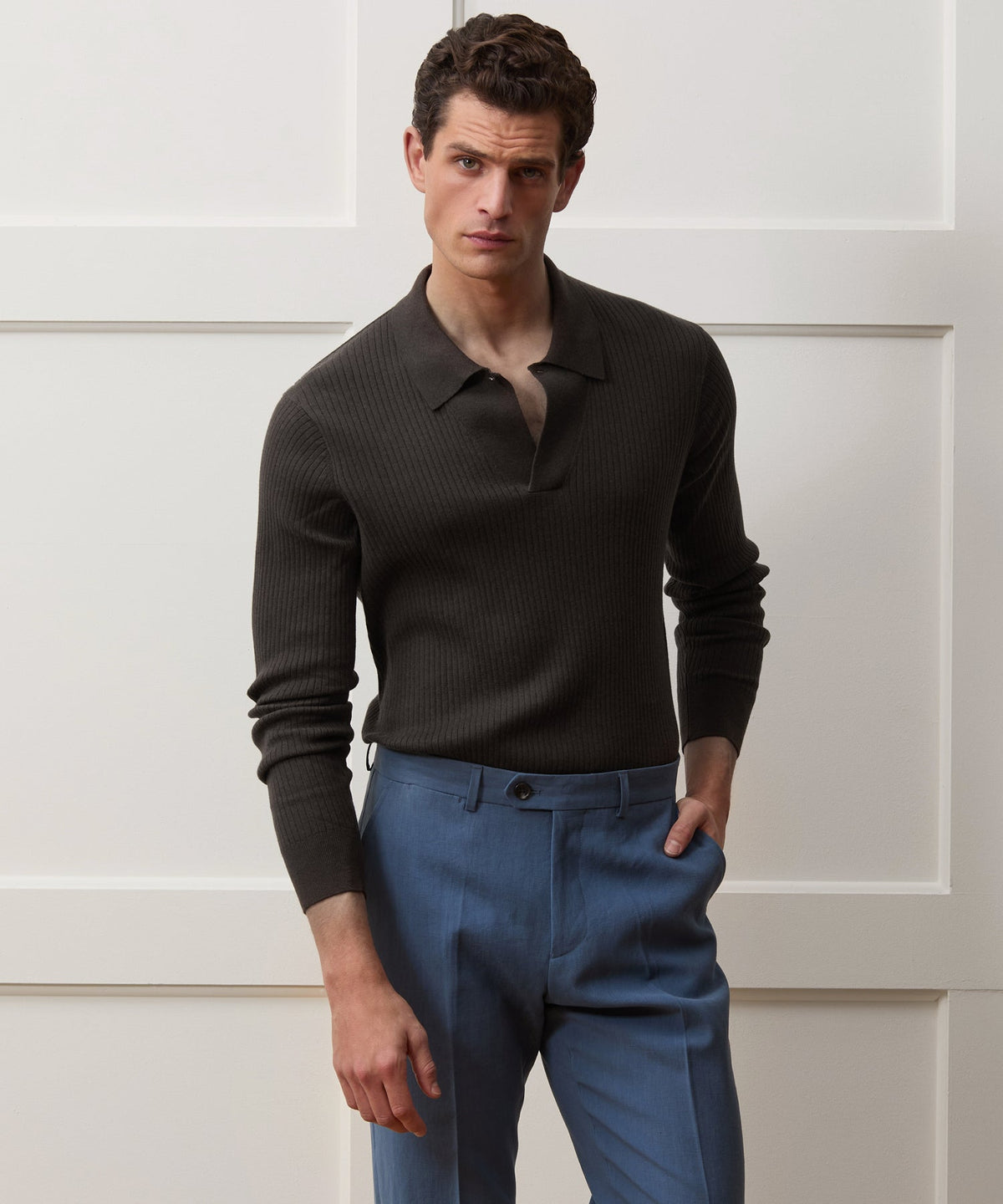 Ribbed Cotton-Cashmere Sweater Polo - Caviar