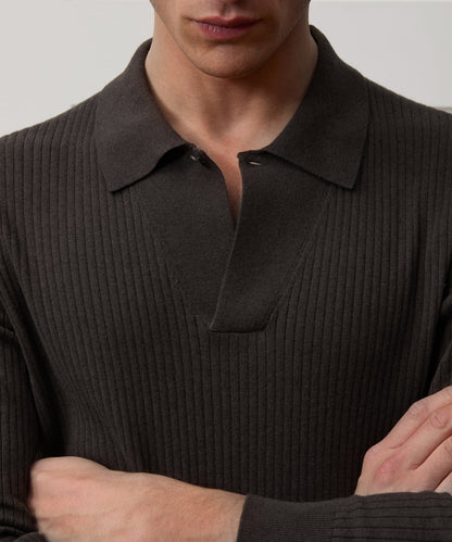 Ribbed Cotton-Cashmere Sweater Polo - Caviar