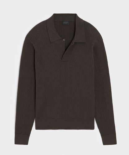 Ribbed Cotton-Cashmere Sweater Polo - Caviar