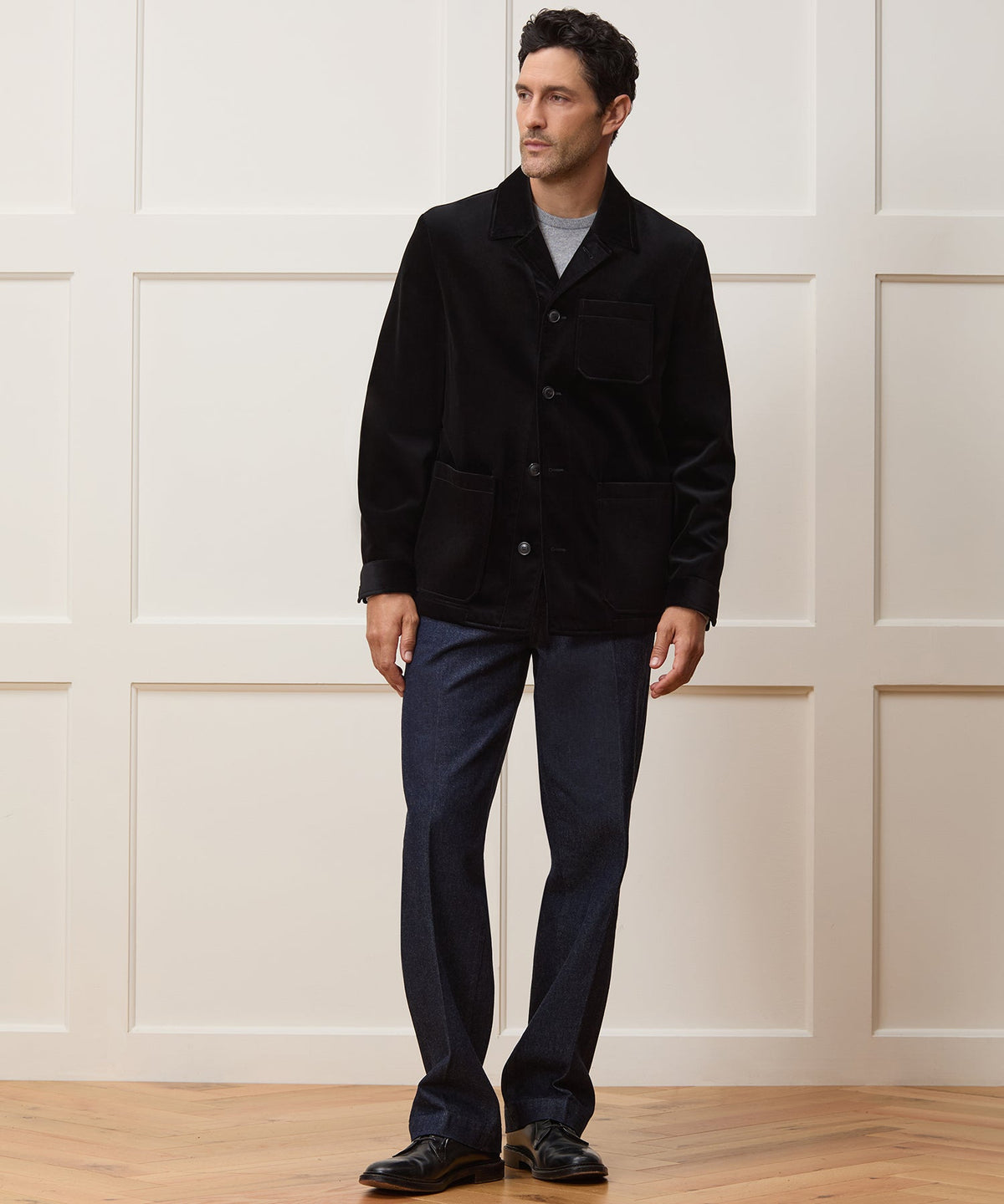 Italian Velvet Tailored Chore Coat - Black