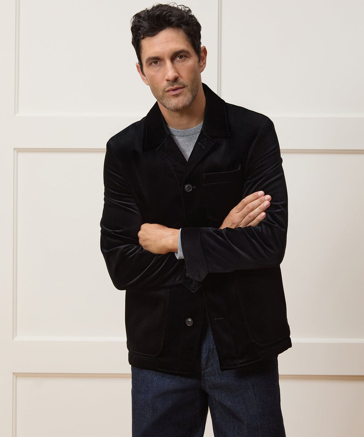 Italian Velvet Tailored Chore Coat - Black