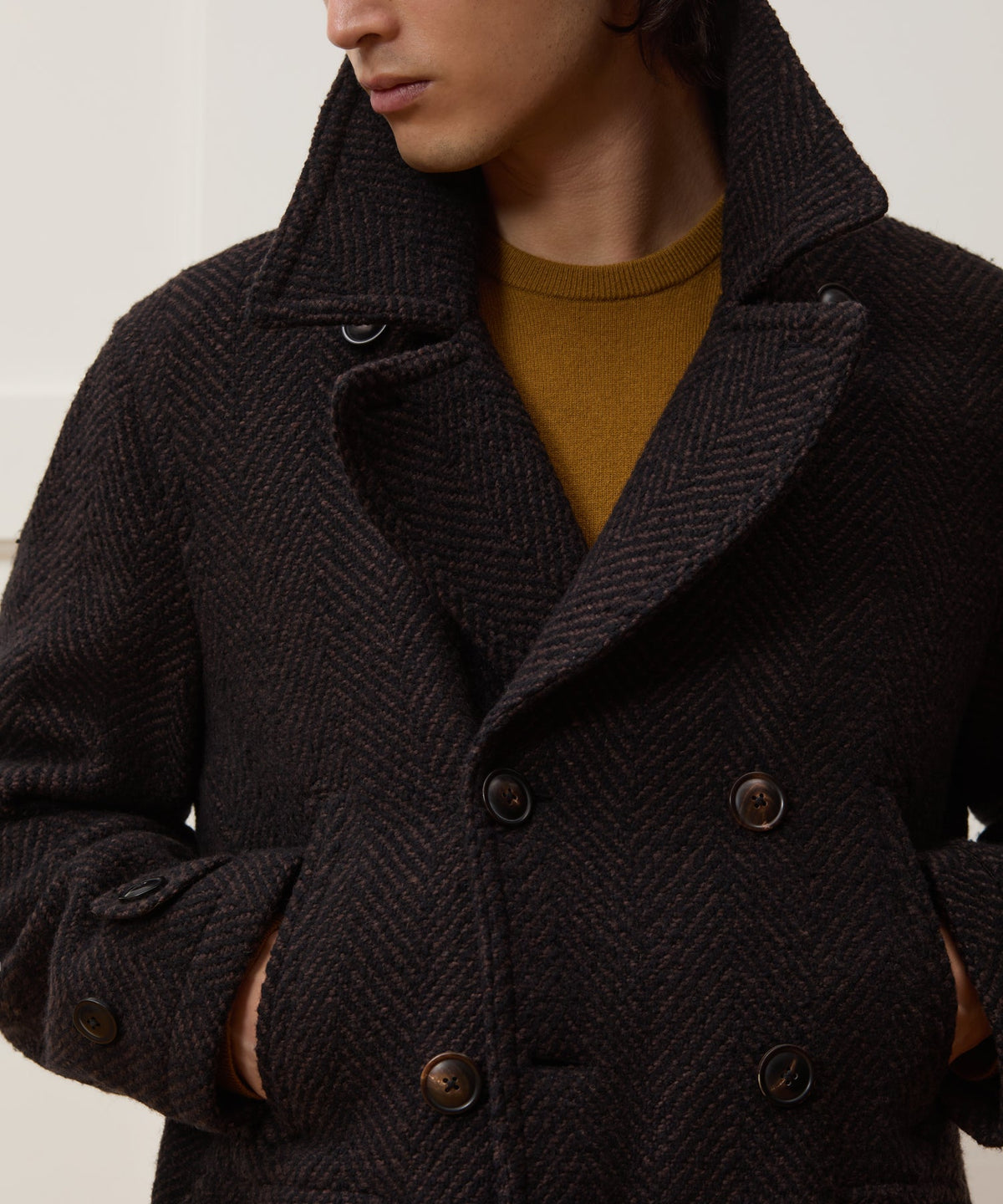 Italian Wool Herringbone Peacoat - Brown