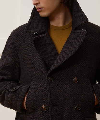 Italian Wool Herringbone Peacoat - Brown