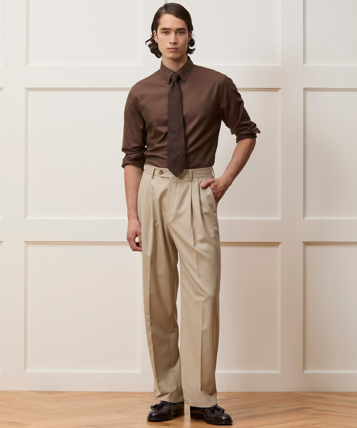 Cotton Twill Long Point Collar Shirt - Dark Brown